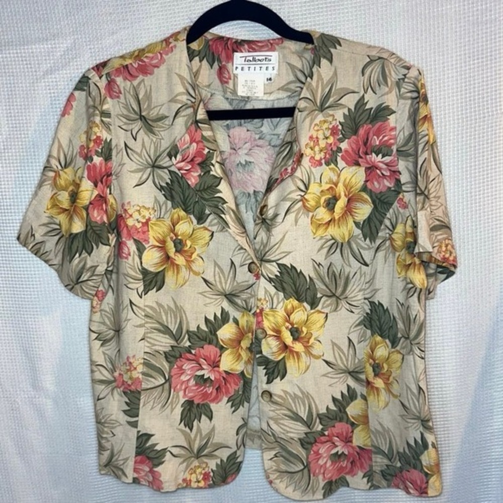 TALBOTS Tan Linen Blend Watercolor Tropical Floral Button Down Shirt 14 cropped